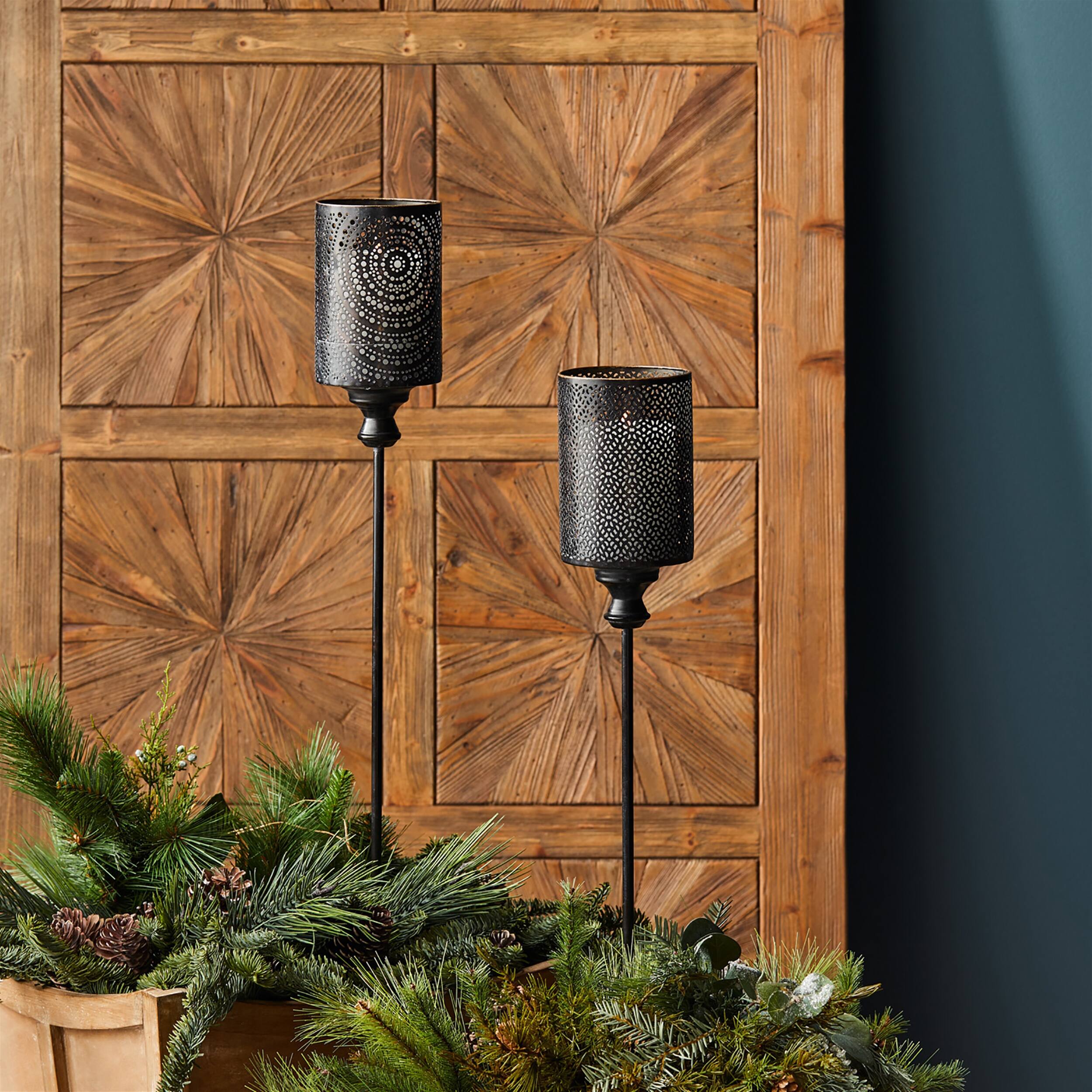 Alt View 1. BreeBe - Black Punched Metal Candle Holder Garden Stake (Set of 4) - Black, Gold.