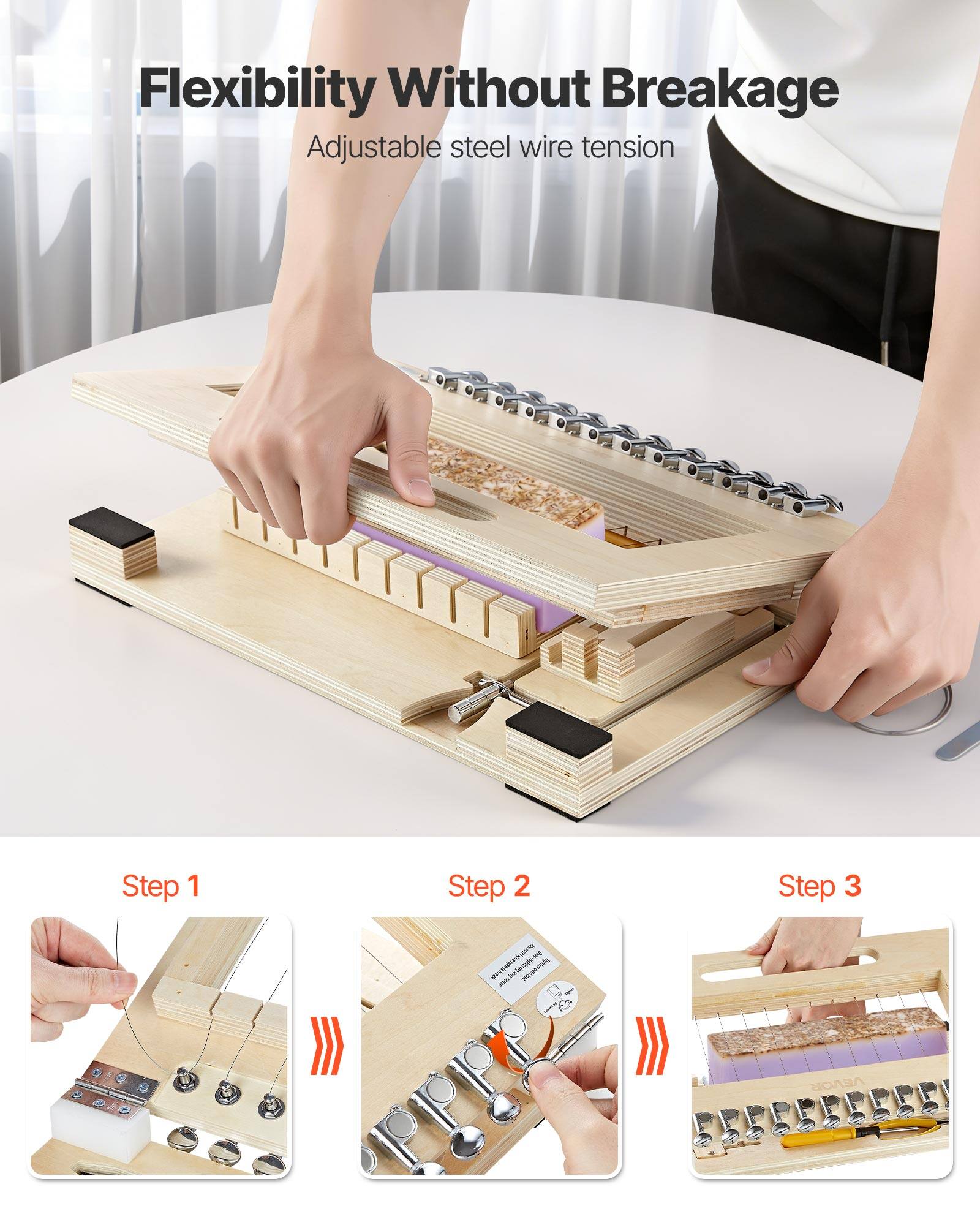 Flexibility Without Breakage  
Adjustable steel wire tension  

Step 1  
Step 2  
Step 3  

- - - - boa -nc - - C . VEVOR