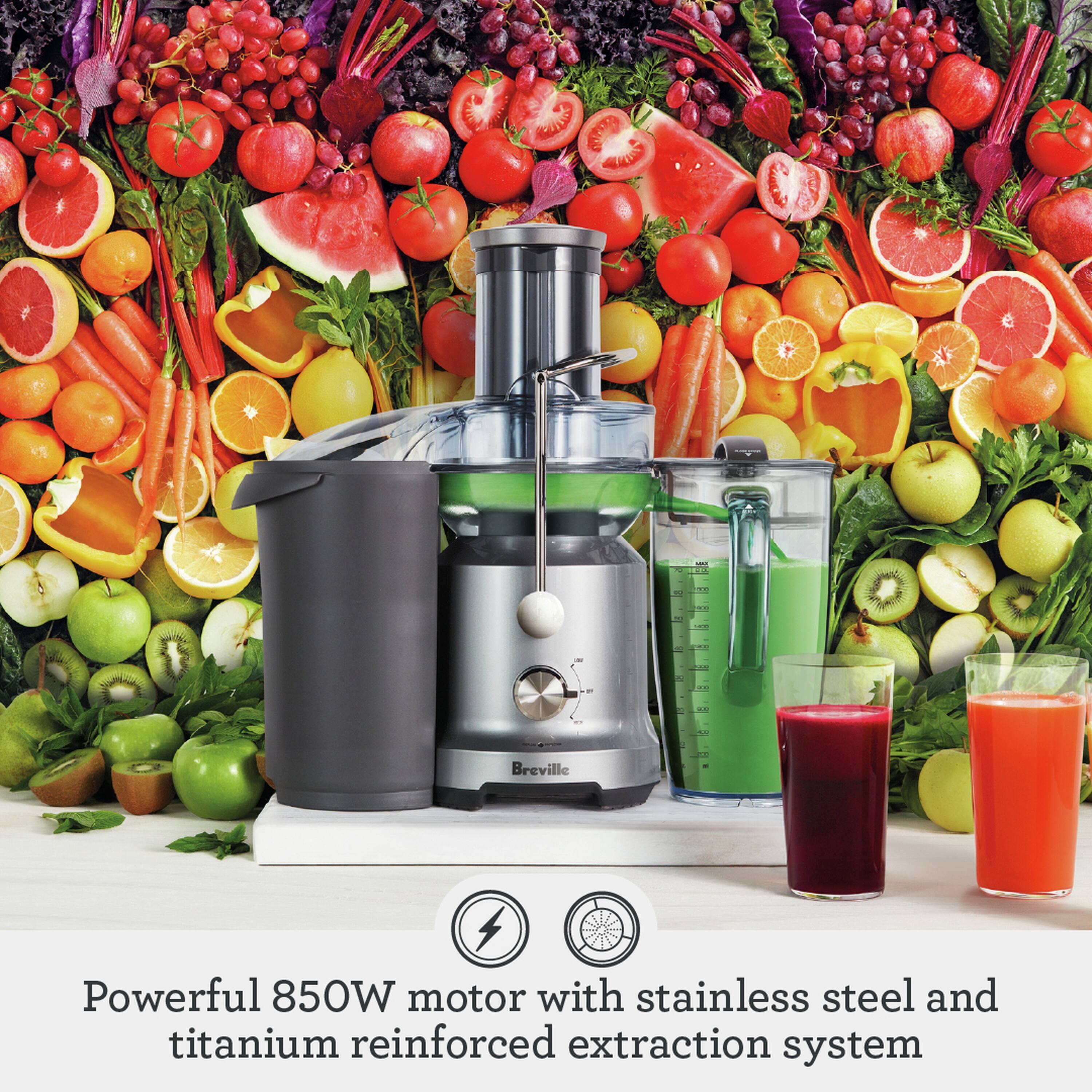 Powerful 850W motor with stainless steel and titanium reinforced extraction system