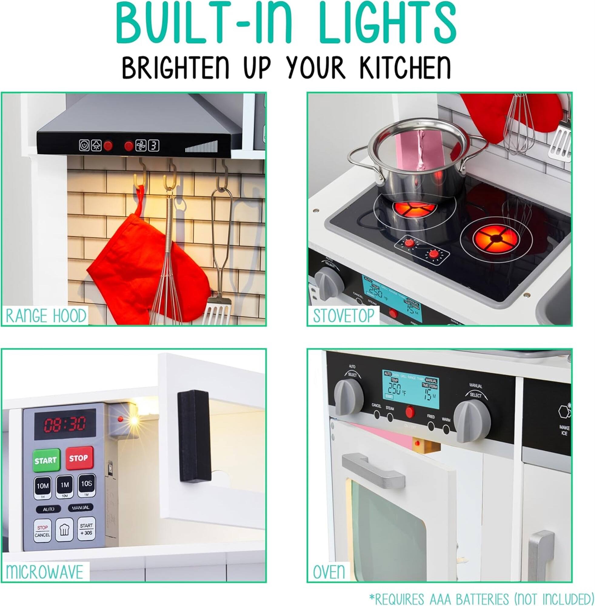 BUILT-IN LIGHTS BRIGHTEN UP YOUR KITCHEN

RANGE HOOD
STOVETOP
MICROWAVE
OVEN

*REQUIRES AAA BATTERIES (NOT INCLUDED)