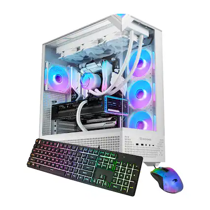 The image features a computer with a keyboard and mouse. The keyboard is colorful and has a rainbow design. The mouse is placed next to the keyboard, and both are positioned in front of the computer. The computer is likely a gaming computer, as it is described as a "gaming computer."