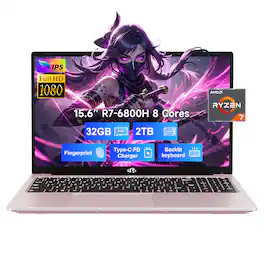 NIMO - 15.6" IPS FHD-Gaming-Laptop, 8 Cores AMD Ryzen 7 6800H 32GB DDR5 RAM 2TB SSD 4.7GHz Fingerprint 100W - Rose Gold