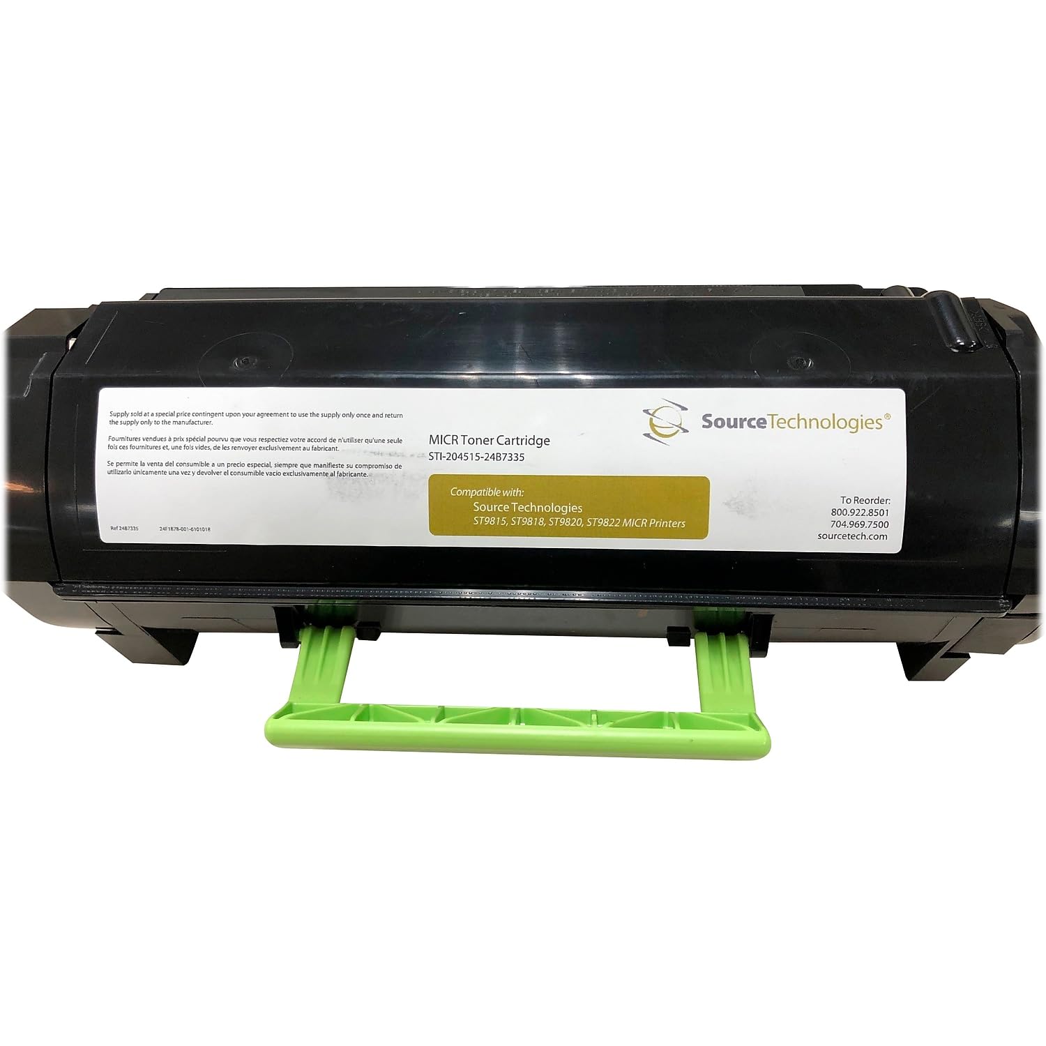 Sure, here is the corrected and grouped text from the image:

---

**Source Technologies**

**MICR Toner Cartridge**

Compatible with Source Technologies 5/9815 SISBTE E 379820. 5T9822 MICR Printers

**To Reorder:**
800.922.8501
704.969.7500
sourcetech.com

**Product Code:**
STI-204515-2487335

**Instructions:**
Suppléz l'ancien cartouche dans votre imprimante et insérez le nouveau cartouche dans l'imprimante. Pour les cartouches MICR, assurez-vous de bien insérer le cartouche dans l'imprimante. Pour les cartouches MICR, assurez-vous de bien insérer le cartouche dans l'imprimante. Pour les cartouches MICR, assurez-vous de bien insérer le cartouche dans l'imprimante. Pour les cartouches MICR, assurez-vous de bien insérer le cartouche dans l'im