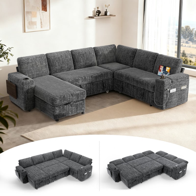 Front. Dyonery - 110" Modular 7 Seat L Shaped Couch with Reclining Backrest|USB Ports|Cup Holders|Side Table|Storage Chaise Armrests - Grey.