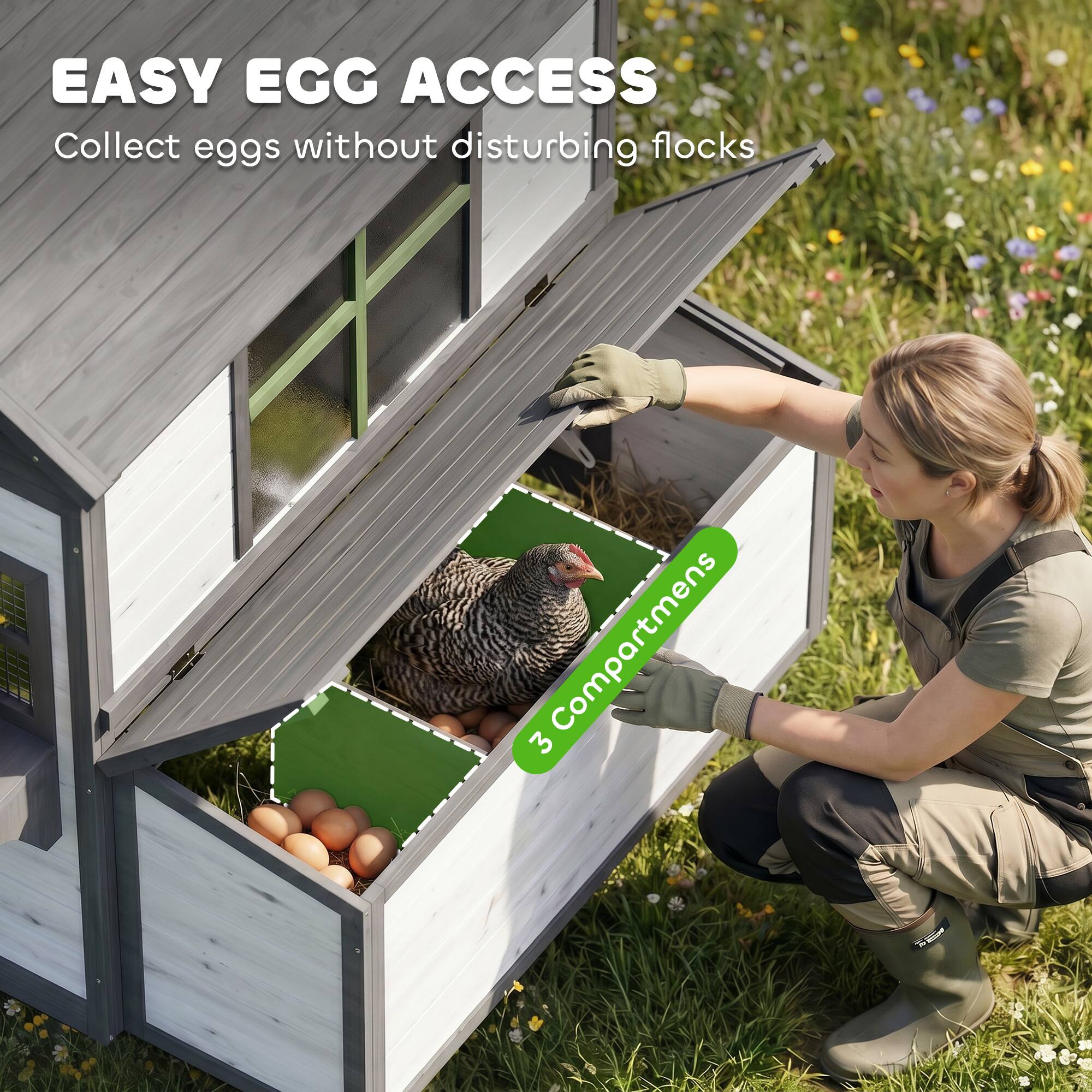 EASY EGG ACCESS  
Collect eggs without disturbing flocks  

3 Compartments