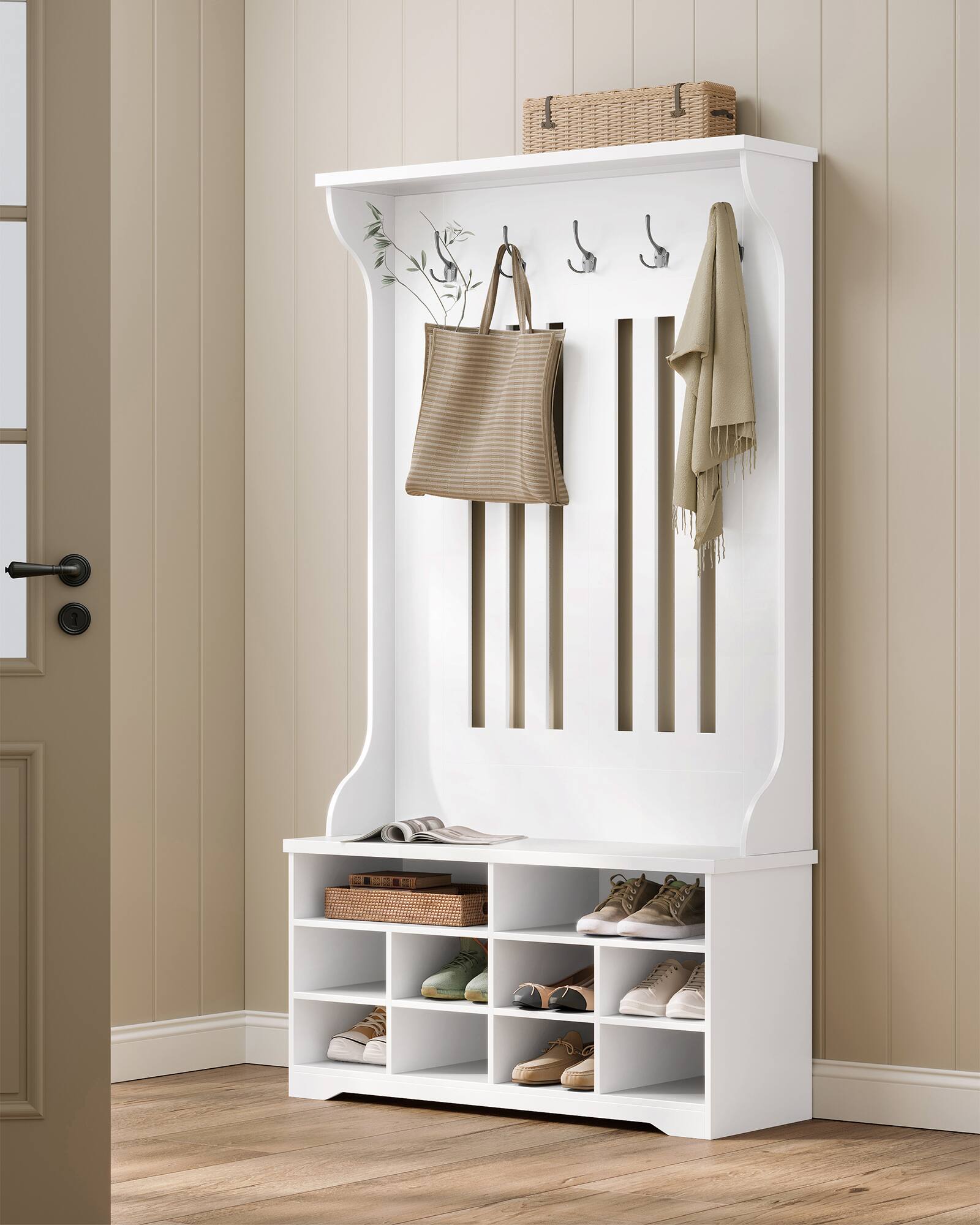 Angle. Songmics Home - Hall Tree, Coat Rack with Bench, Shoe Storage, 5 Tri-Hooks, Freestanding, Space-Saving, for Mudroom, Entryway, Hallway - White.