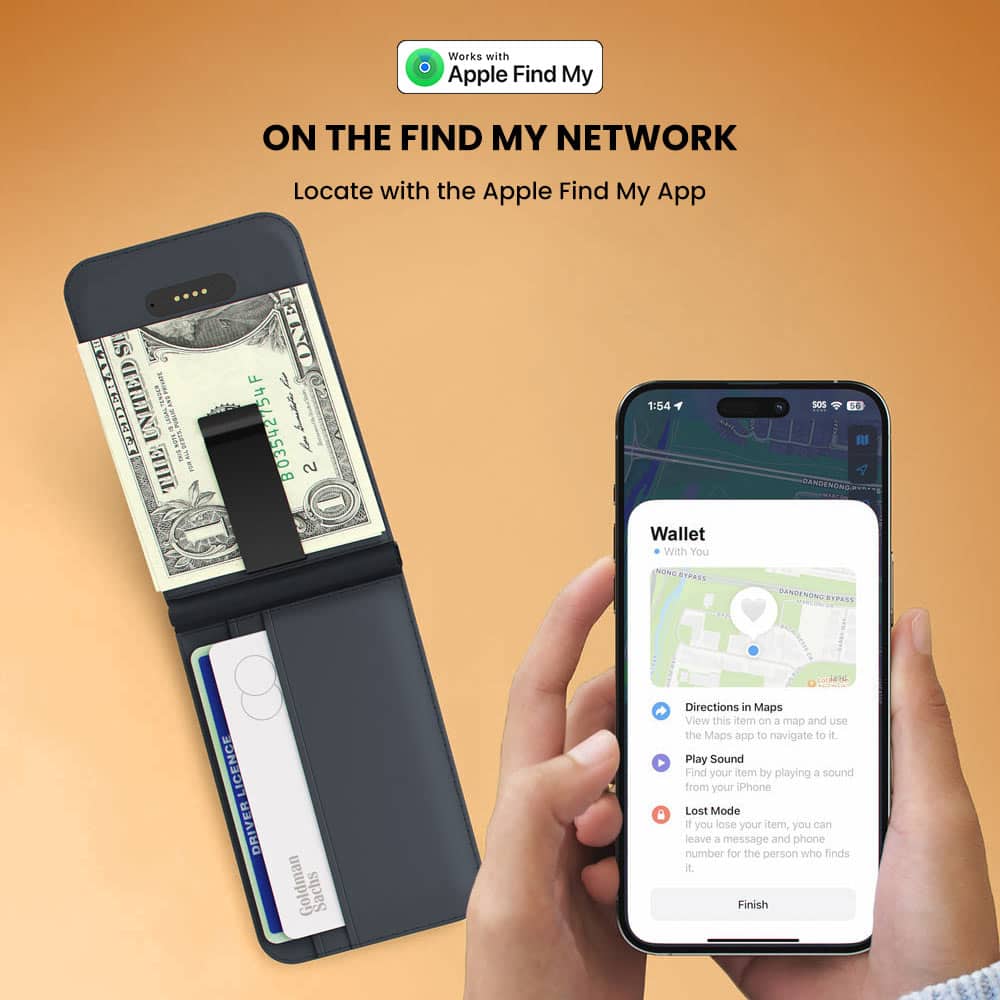 The text on the image is grouped and corrected as follows:
Works with Apple Find My ON THE FIND MY NETWORK Locate with the Apple Find My App IS UNITED I Z ONE B03542754F 2 1:54 Wallet With You SOS INUNS EYPASS BANDENONG BIPAES LC LICENCE DRIVER Goldman Sachs Directions in Maps View this item on . map and use the Maps app to navigate to it Play Sound Find your item by playing a sound from your iPhone Lost Mode 1 you lose your item, you can leave a message and phone number for the person who finds E. Finish.