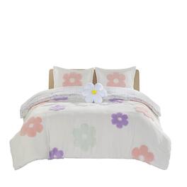 Gracie Mills - Eubert Colorful Floral Reversible Chenille Comforter Set with Flower Throw Pillow - White/Purple