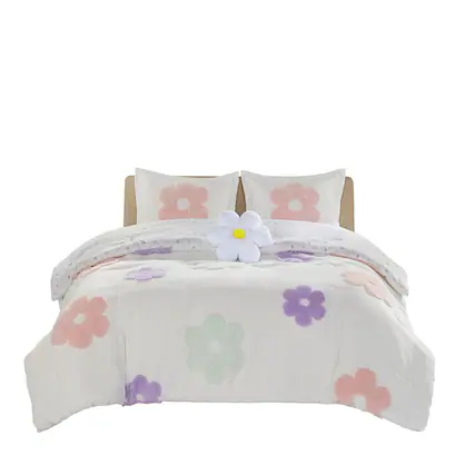Front. Gracie Mills - Gracie Mills Eubert Colorful Floral Reversible Chenille Comforter Set with Flower Throw Pillow - White/Purple.