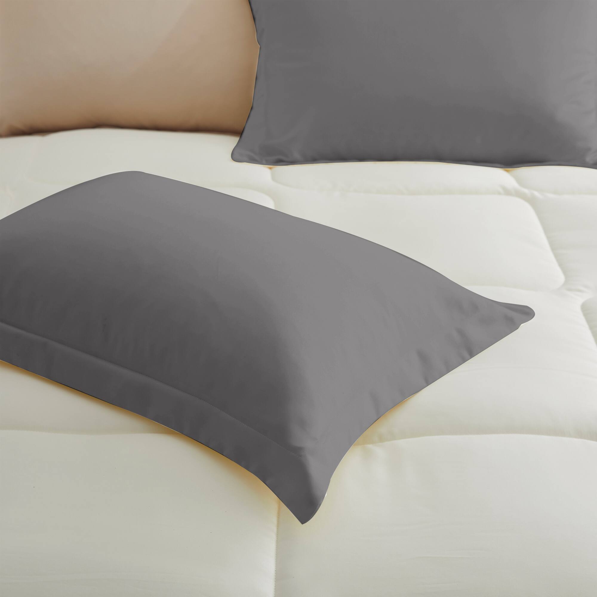 Left. Peace Nest - Peace Nest Lightweight Cool-Touch Satin Comforter Sets with Pillowcases - Light Gray.