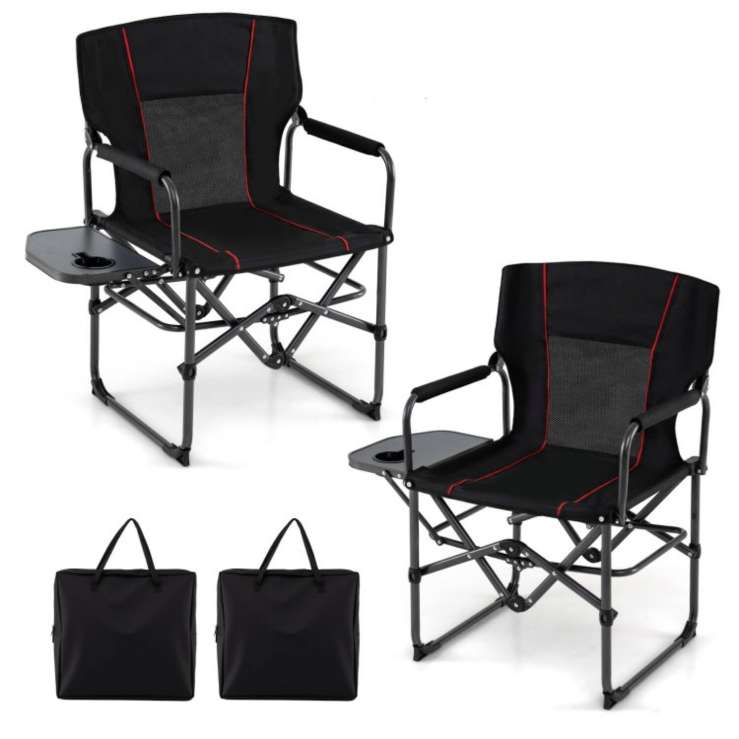Alt View 3. Mondawe - Folding Camping Chair w Flip-Up Side Table & Cup Holder Heavy Duty 500 lbs Mesh Back Carry Bag - Black.