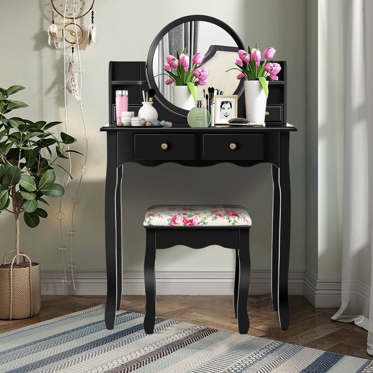 Alt View 5. Ecooso - 360° Rotating Round Mirror Vanity Table with Smooth Top and Compact Drawer Storage - Black.