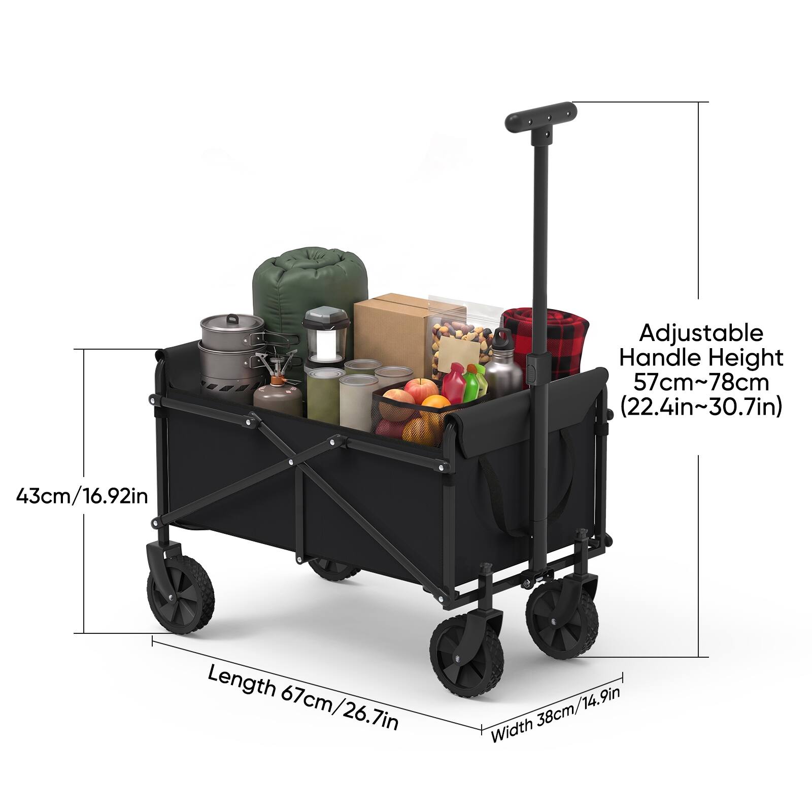Adjustable Handle Height 57cm~78cm (22.4in~30.7in)  
43cm/16.92in  
Length 67cm/26.7in  
Width 38cm/14.9in