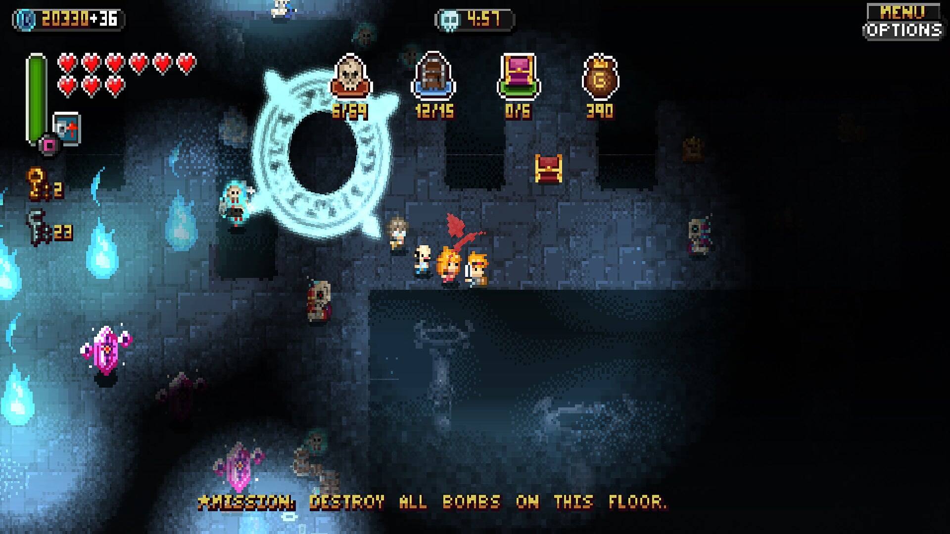 ID 20330 + 36  
4:57  
MENU OF OPTIONS  
SYEA 12/15  
016 E OPE  
2 RMISTON  
DESTROY ALL BOMBS ON THIS FLOOR.