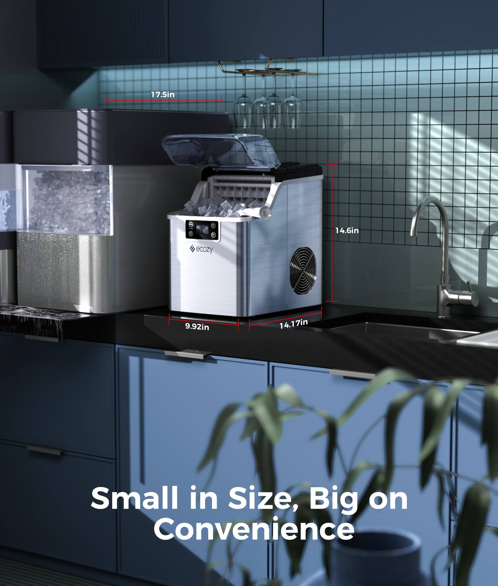 The text on the image reads: "17.5in 14.6in t ecozy 9.92in 14.17in 7in Small in Size, Big on Convenience." The text is grouped as follows:

17.5in 14.6in t ecozy 9.92in 14.17in 7in Small in Size, Big on Convenience