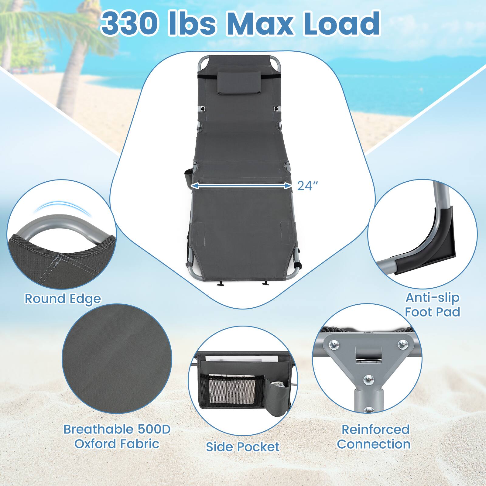 330 lbs Max Load  
24" Round Edge  
Anti-slip Foot Pad  
Breathable 500D Oxford Fabric  
Side Pocket  
Reinforced Connection