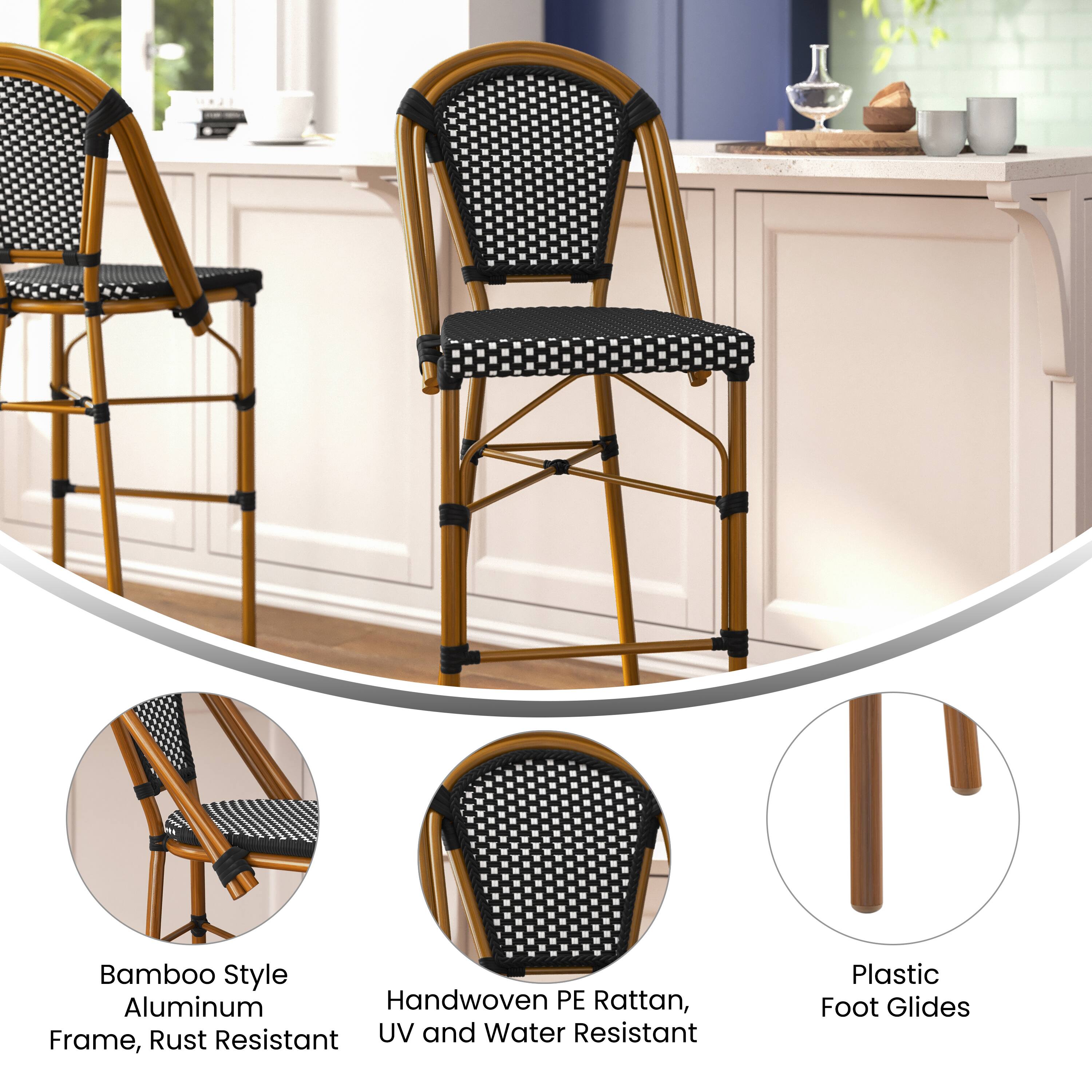 Bamboo Style Aluminum Handwoven PE Rattan, Frame, Rust Resistant UV and Water Resistant Plastic Foot Glides