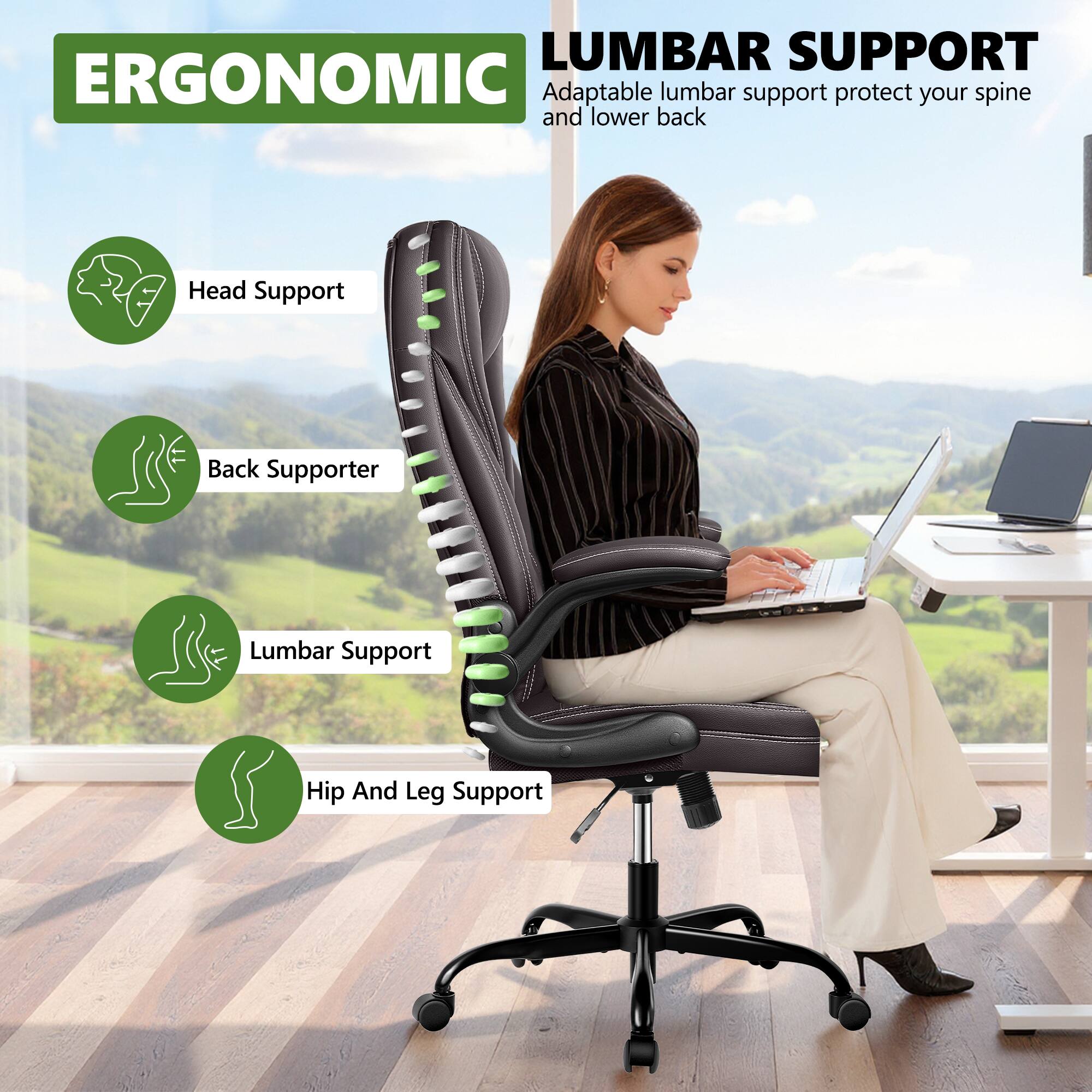 LUMBAR SUPPORT  
ERGONOMIC  
Adaptable lumbar support protect your spine and lower back  

Head Support  
Back Supporter  
Lumbar Support  
Hip And Leg Support