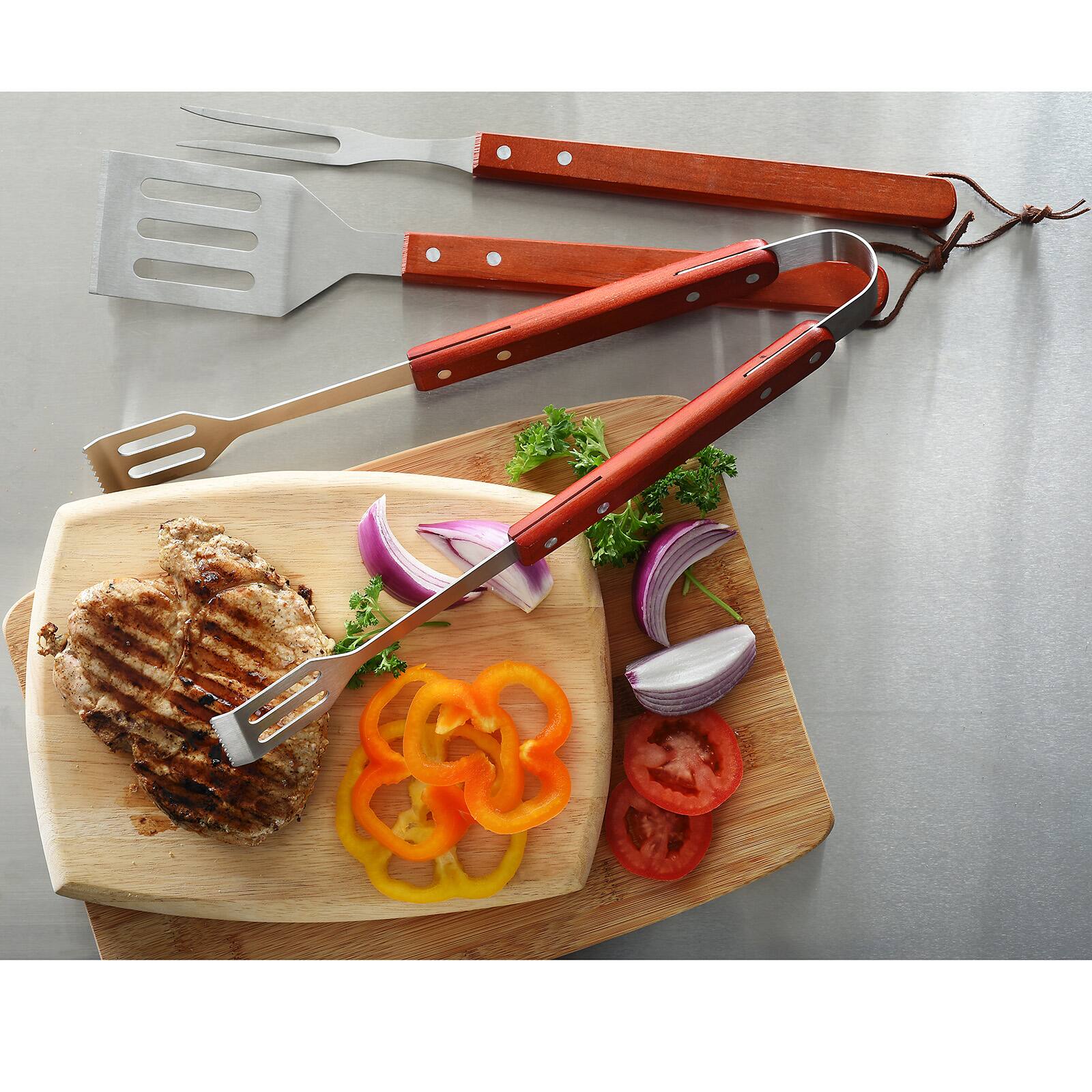 Alt View 4. Norpro - Stainless Steel and Wood 3 Piece BBQ Set with Spatula, Tongs, and Fork - Silver.
