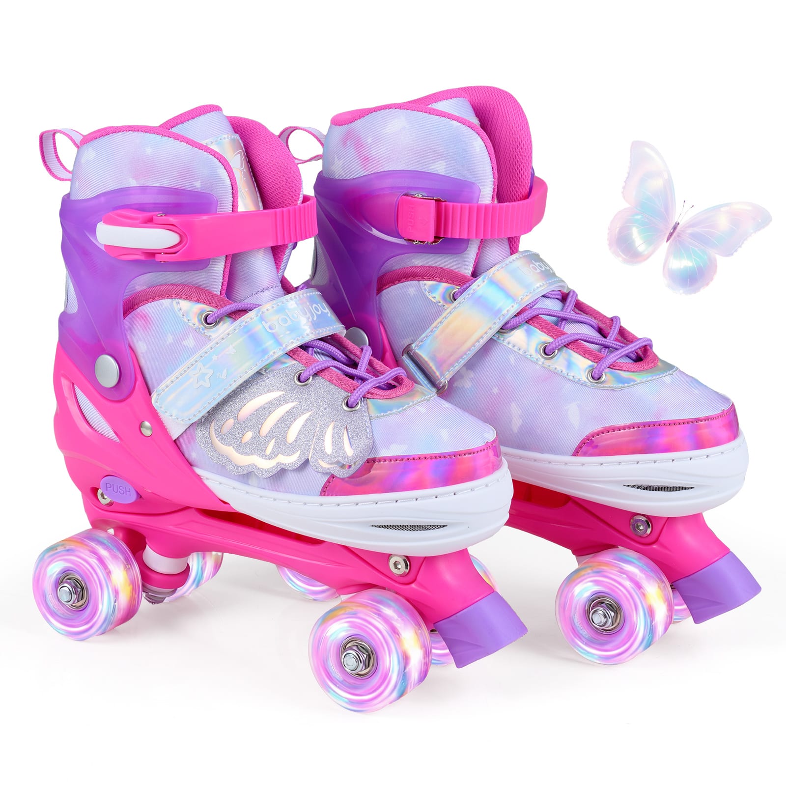Costway - Kids Roller Skates 4 Sizes Adjustable Quad Skates with Light Wheels for Ages 9-14 - Pink