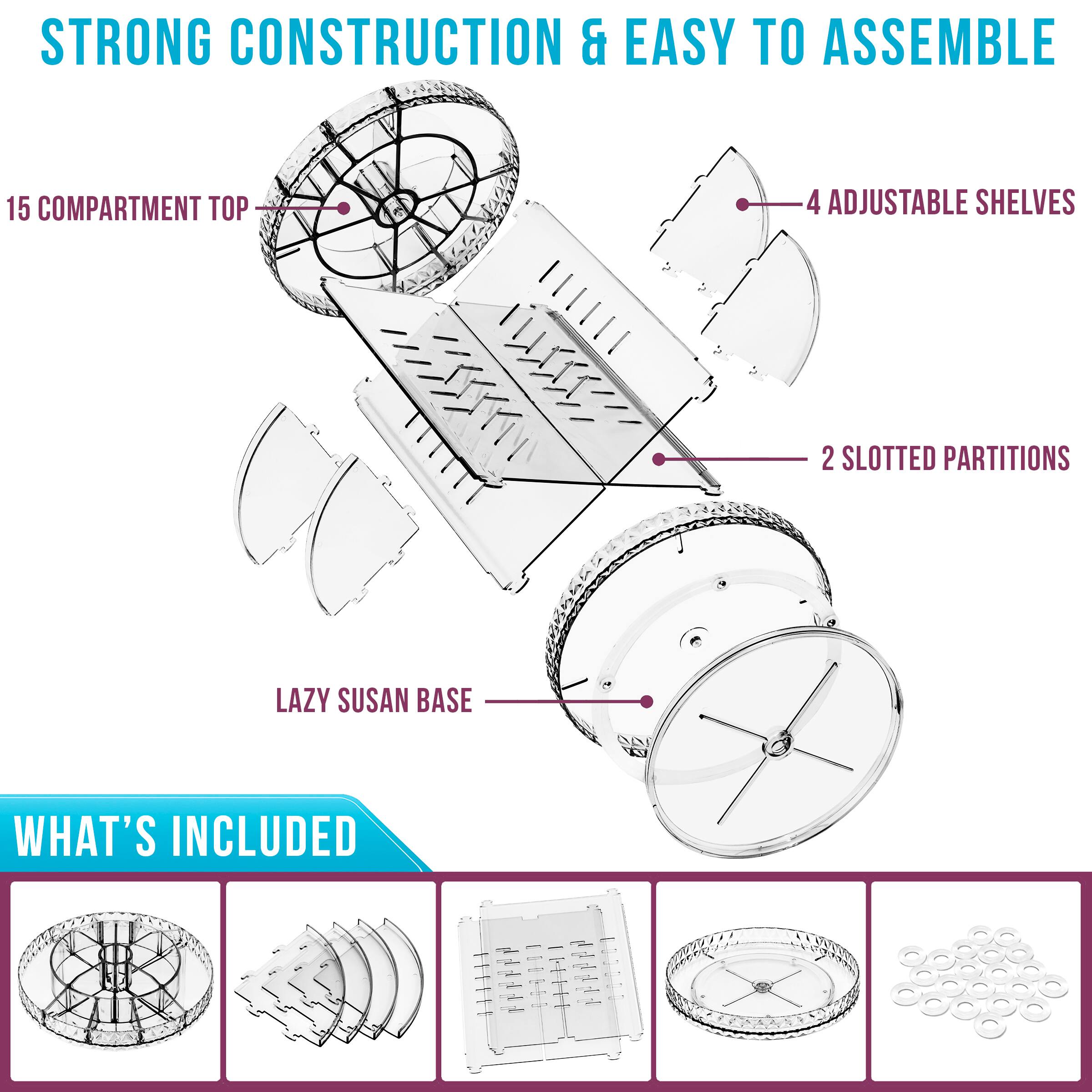 STRONG CONSTRUCTION & EASY TO ASSEMBLE

15 COMPARTMENT TOP

4 ADJUSTABLE SHELVES

2 SLOTTED PARTITIONS

LAZY SUSAN BASE

WHAT'S INCLUDED