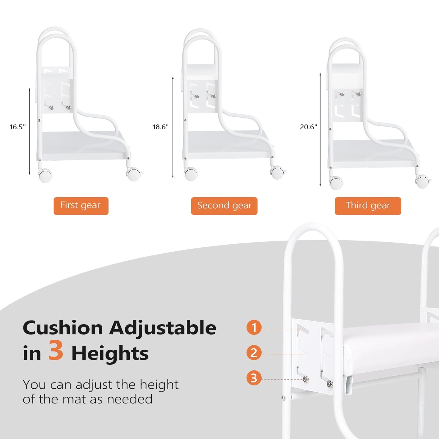 16.5" 18.6" 20.6" First gear Second gear Third gear Cushion Adjustable in 3 Heights You can adjust the height of the mat as needed 1 2 3