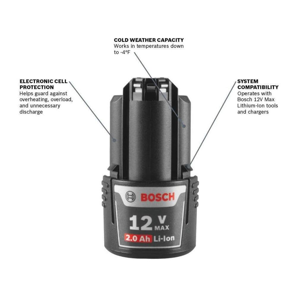 COLD WEATHER CAPACITY  
Works in temperatures down to -4°F  

ELECTRONIC CELL PROTECTION  
Helps guard against overheating, overload, and unnecessary discharge  

SYSTEM COMPATIBILITY  
Operates with Bosch 12V Max Lithium-ion tools and chargers  

BOSCH  
12V MAX  
2.0 Ah Li-ion