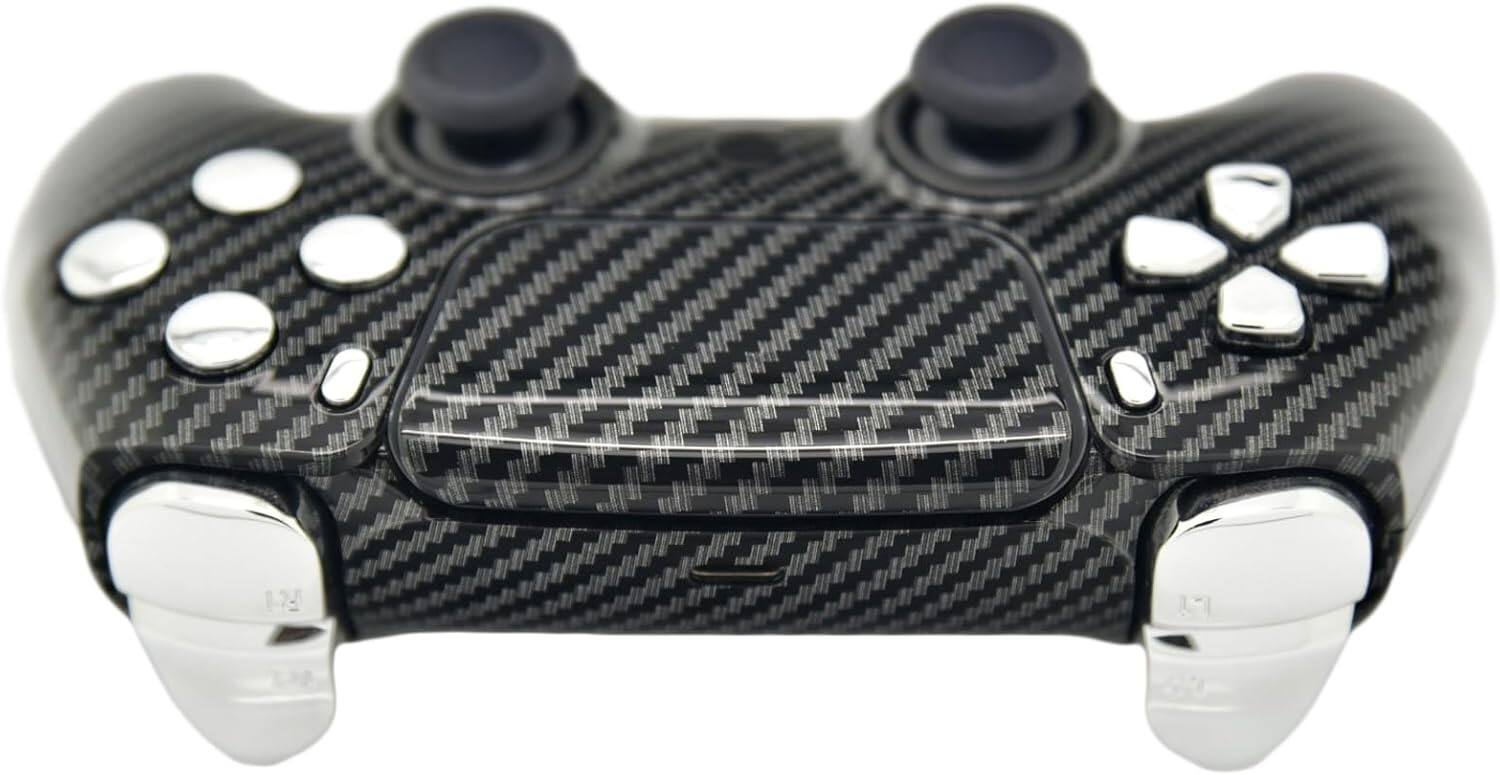 Back. Custom Controllerzz - Custom Wireless Controller for PS5 - Glossy Carbon Fiber & Silver Chrome Inserts.