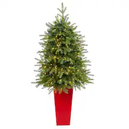 BreeBe - 57" Vancouver Fir Christmas Tree w/250 LED in Red Planter - Green