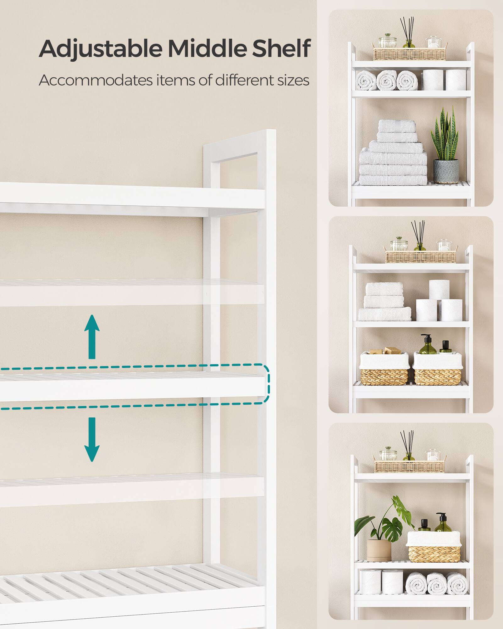 Adjustable Middle Shelf Accommodates items of different sizes
