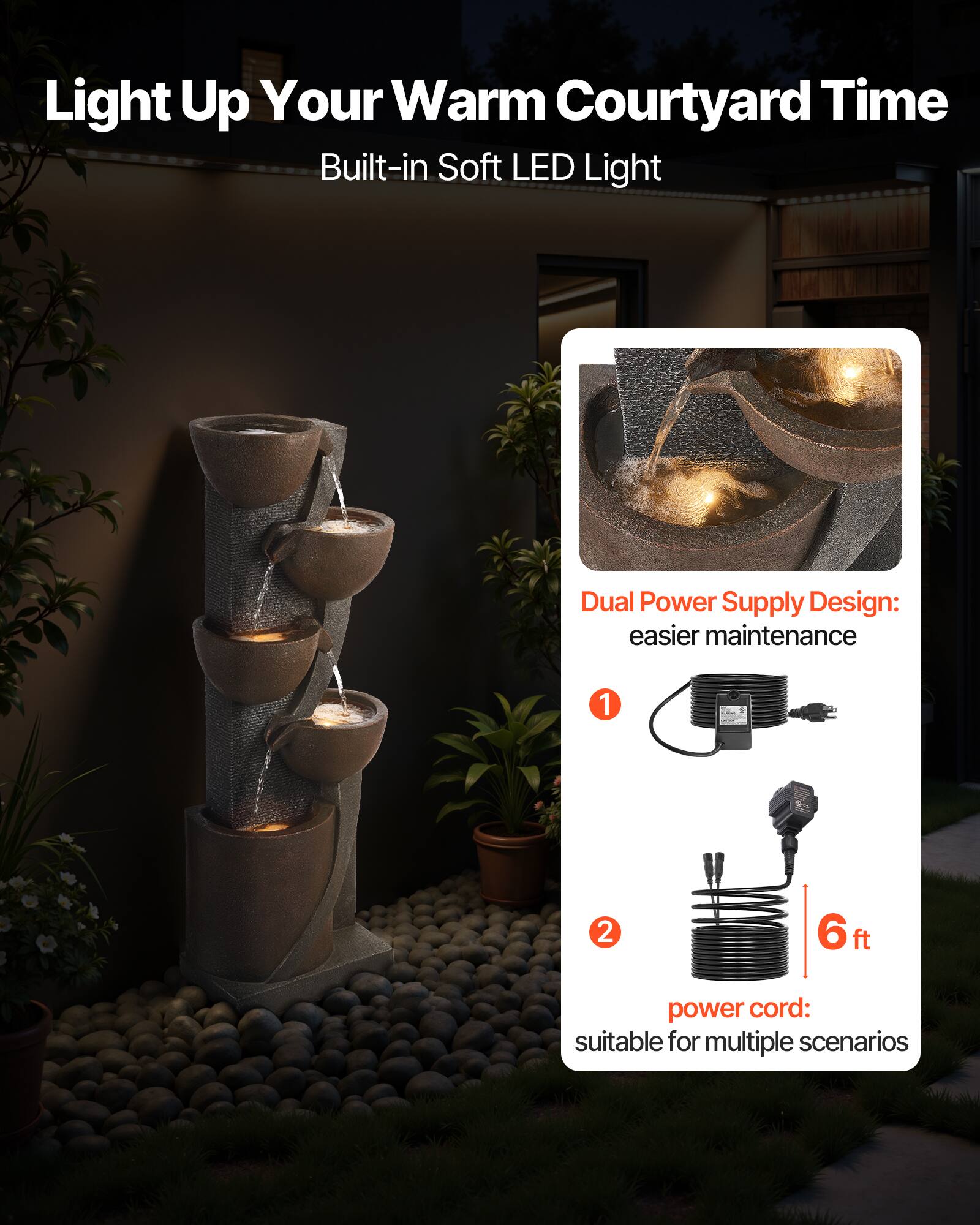 Light Up Your Warm Courtyard Time  
Built-in Soft LED Light  

Dual Power Supply Design: easier maintenance  

1. Power cord: suitable for multiple scenarios  
   6 ft