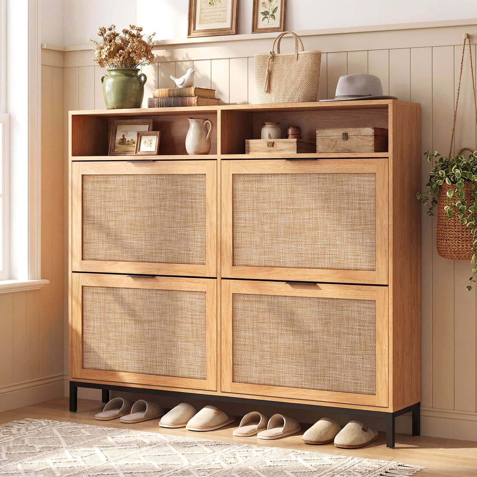 Alt View 1. Costway - Costway Shoe Storage Cabinet with 4 Flip Drawers, Adjustable Shelves, Open Compartments - Walnut.