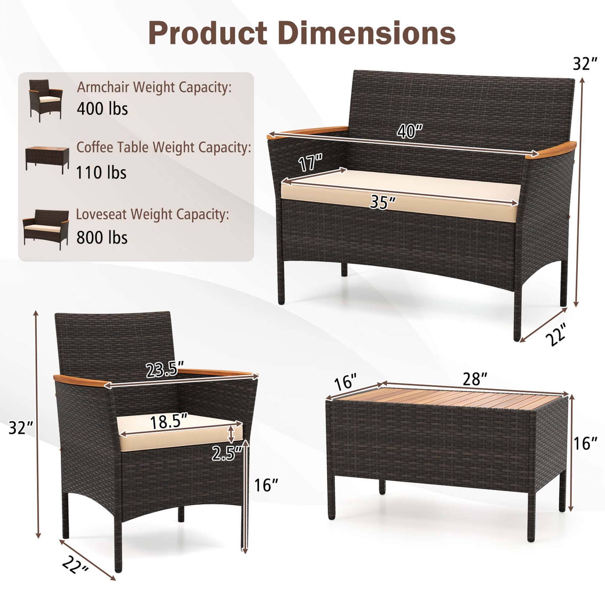 Product Dimensions
Armchair Weight Capacity: 400 lbs
Coffee Table Weight Capacity: 110 lbs
Loveseat Weight Capacity: 800 lbs

40"
17"
35"
32"
23.5"
16"
28"
22"
18.5"
2.5"
16"
16"
22"
