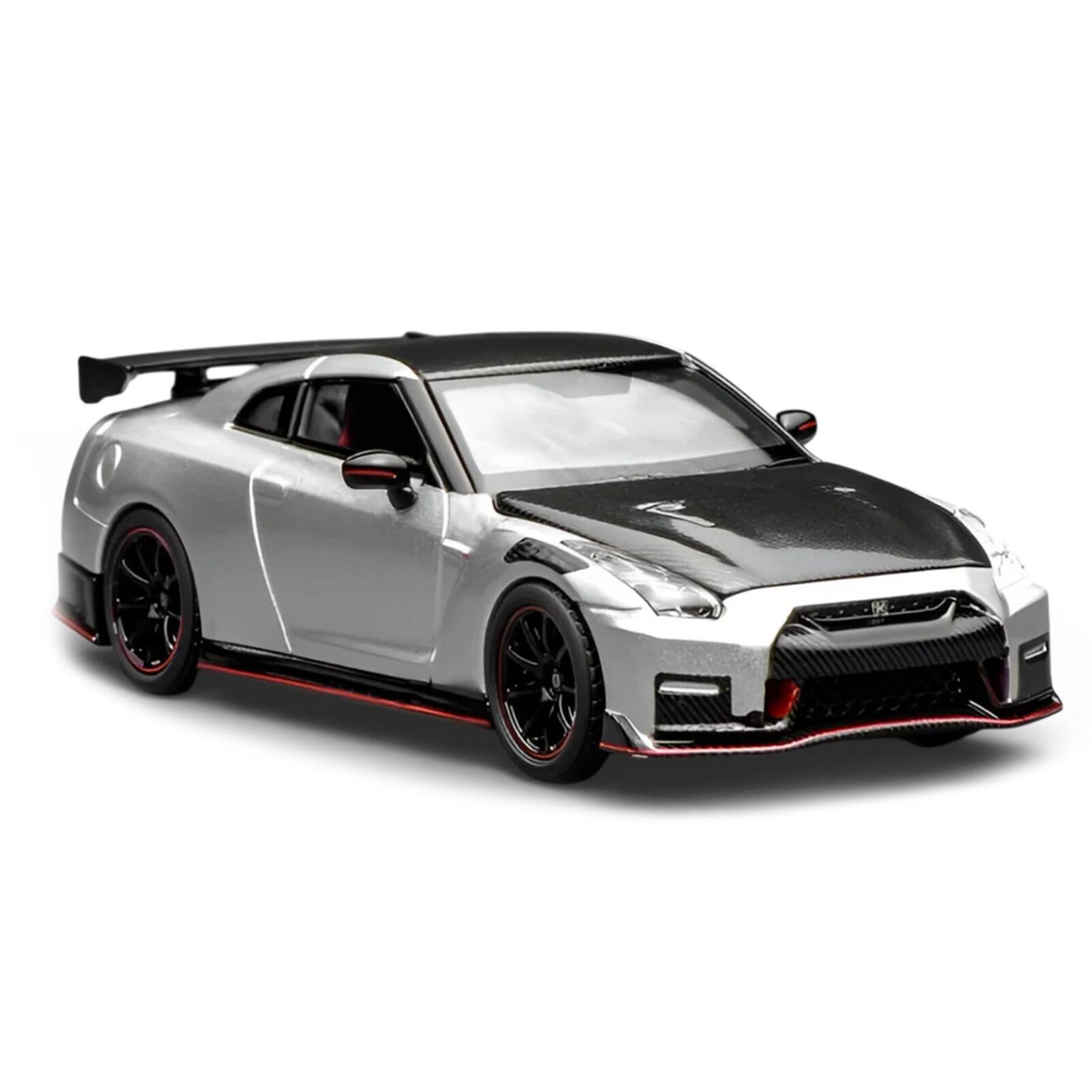 Alt View 4. MotorHelix - 2022 Nissan GT-R Nismo R35 RHD Ultimate Metal Silver Metallic with Carbon Hood and Top 1/64 Car by MotorHelix.