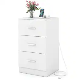 Costway - Nightstand with Charging Station, 3 Storage Drawers, Bedside Table for Bedroom - White