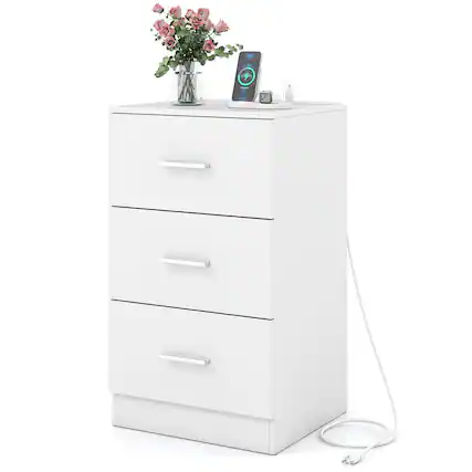 Front. Costway - Costway Nightstand with Charging Station, 3 Storage Drawers, Bedside Table for Bedroom - White.