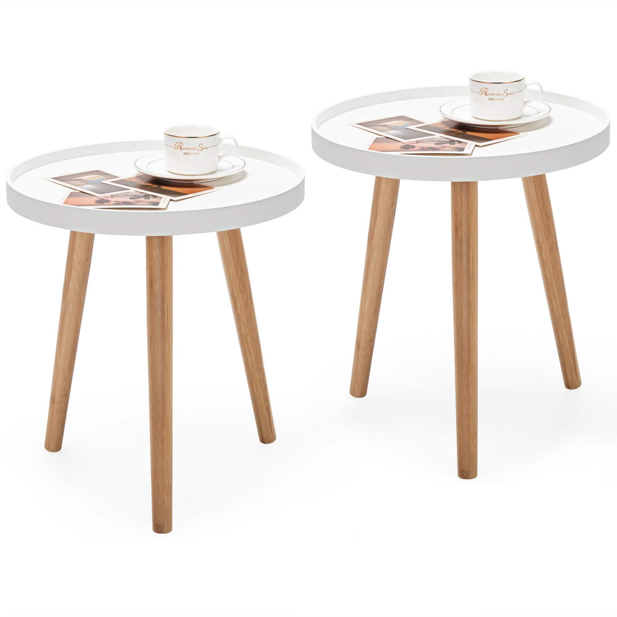 Costway - Set of 2 Round Side Table Sofa Coffee End Accent Table Nightstand Home - White,Natural
