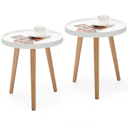 Front. Gymax - Gymax Set of 2 Round Side Table Sofa Coffee End Accent Table Nightstand Home - White + Natural.