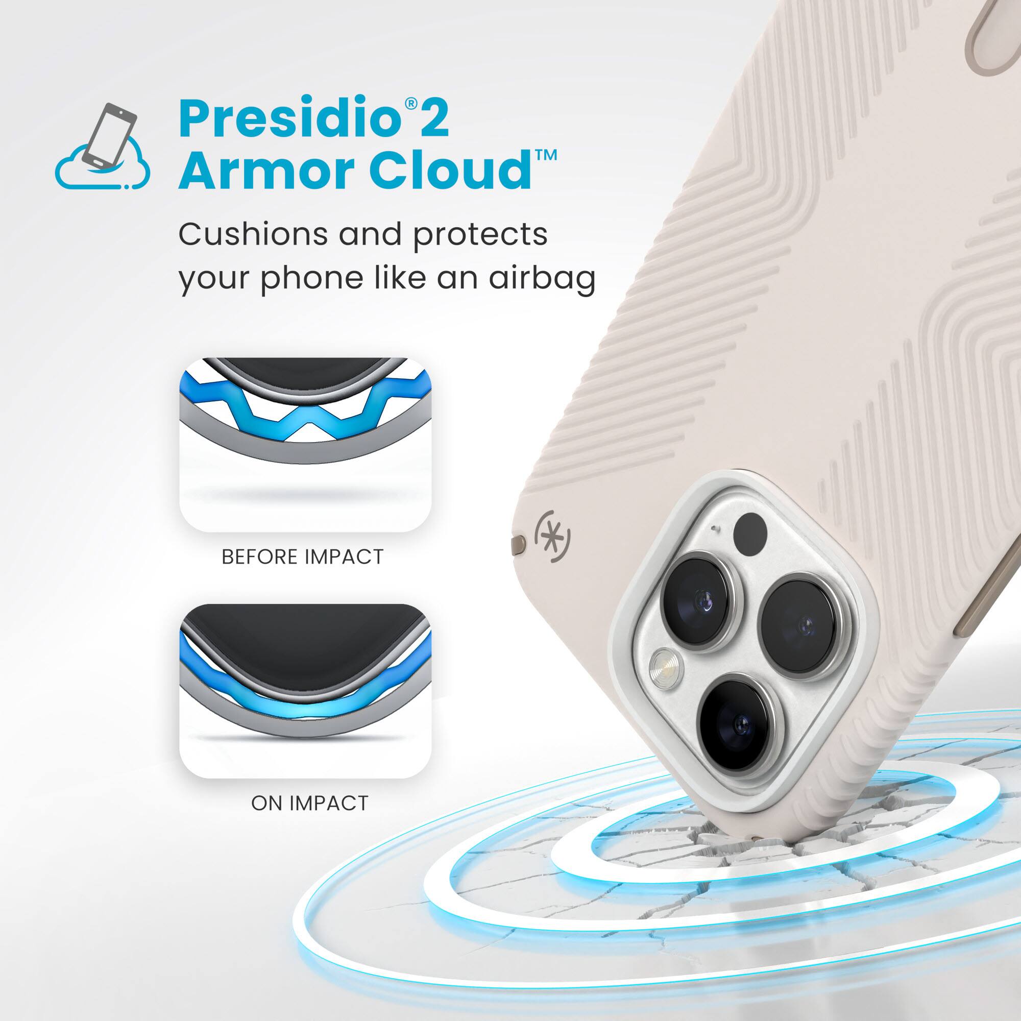 Presidio 2 Armor Cloud: Cushions and protects your phone like an airbag BEFORE IMPACT * ON IMPACT