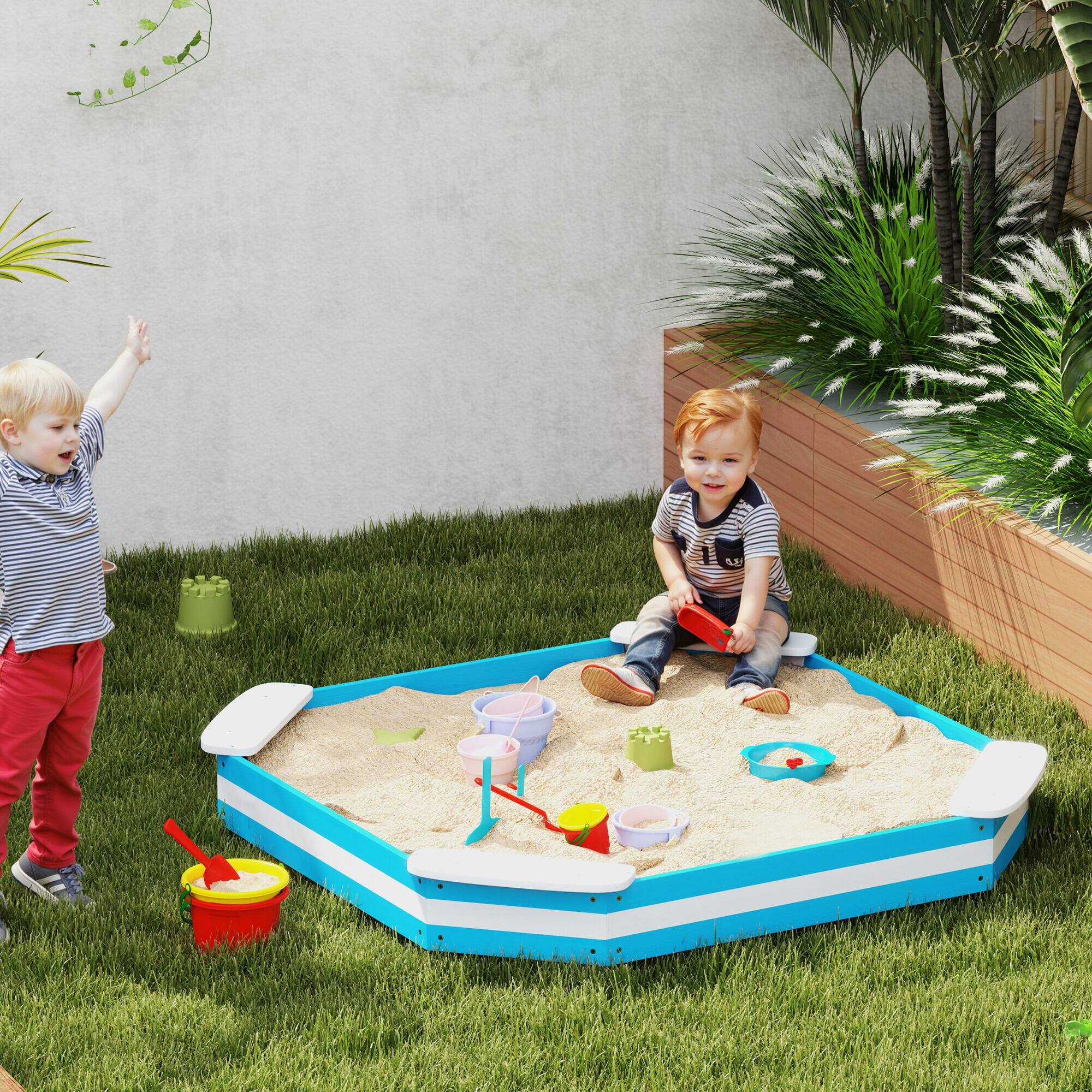 Angle. Qaba - Kids Sandbox, Outdoor Wooden Sand Pit with 4 Corner Seats, Bottom Liner for Backyard, Garden, 52" x 52" x 6".
