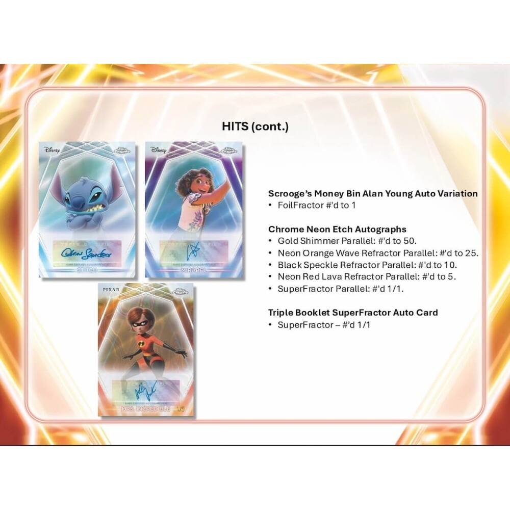 HITS (cont.)  
Disney  
Scrooge's Money Bin Alan Young Auto Variation  
FoilFractor #d to 1  

Disney  
Chrome Neon Etch Autographs  
Gold Shimmer Parallel: #d to 50.  
Neon Orange Wave Refractor Parallel: #d to 25.  
Black Speckle Refractor Parallel: #d to 10.  
Neon Red Lava Refractor Parallel: #d to 5.  
SuperFractor Parallel: #d 1/1.  

PIXAR  
Triple Booklet SuperFractor Auto Card  
SuperFractor – #d 1/1