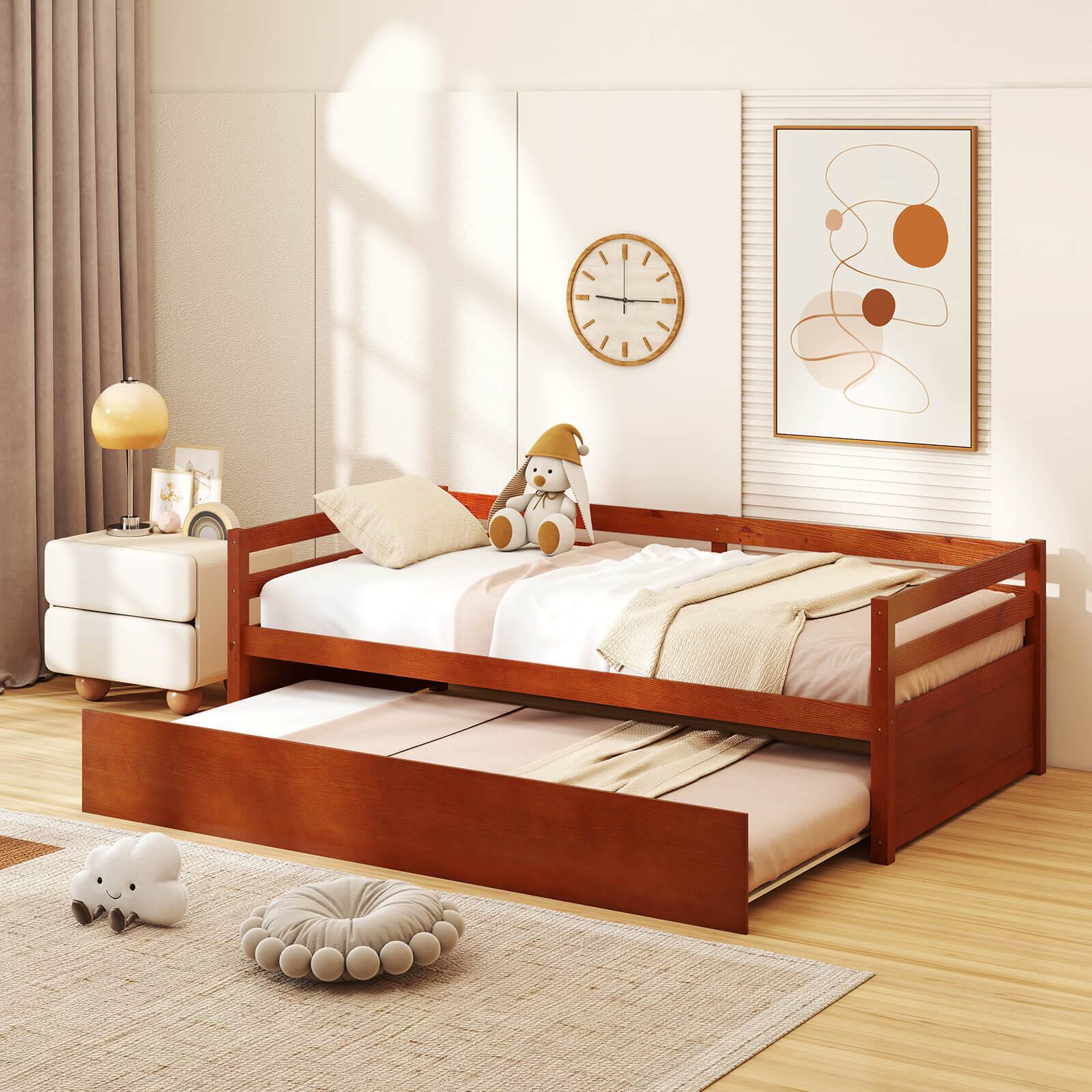 Alt View 1. Costway - Costway Twin Size Trundle Daybed Wooden Slat Support Mattress Platform for Kids - Walnut.