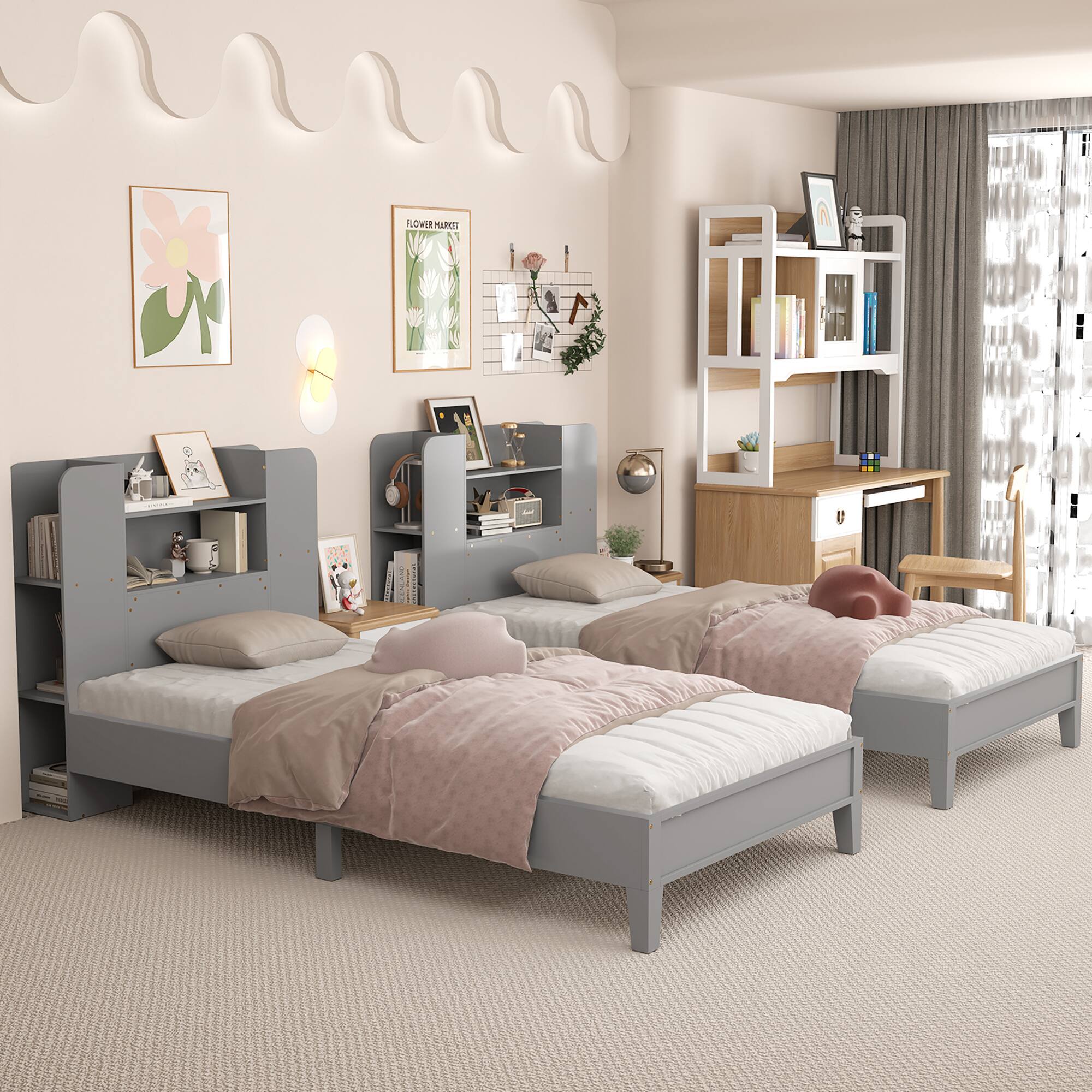 Alt View 8. Gymax - Gymax Twin Size Bed Frame Wooden Platform Bed Kids Bed Frame w/ Bookcase Headboard Gray - Gray.