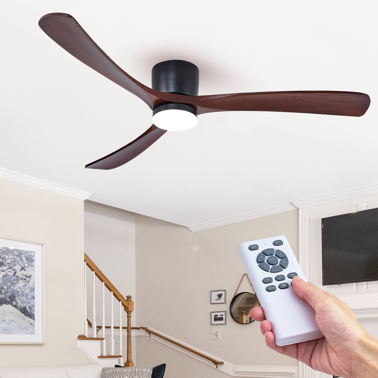 Front. Domanki - 60" Wood Ceiling Fan with Lights with Remote, Reversible DC Motor 6-Speed, 3 Blades Modern Propeller Ceiling Fans - Black.