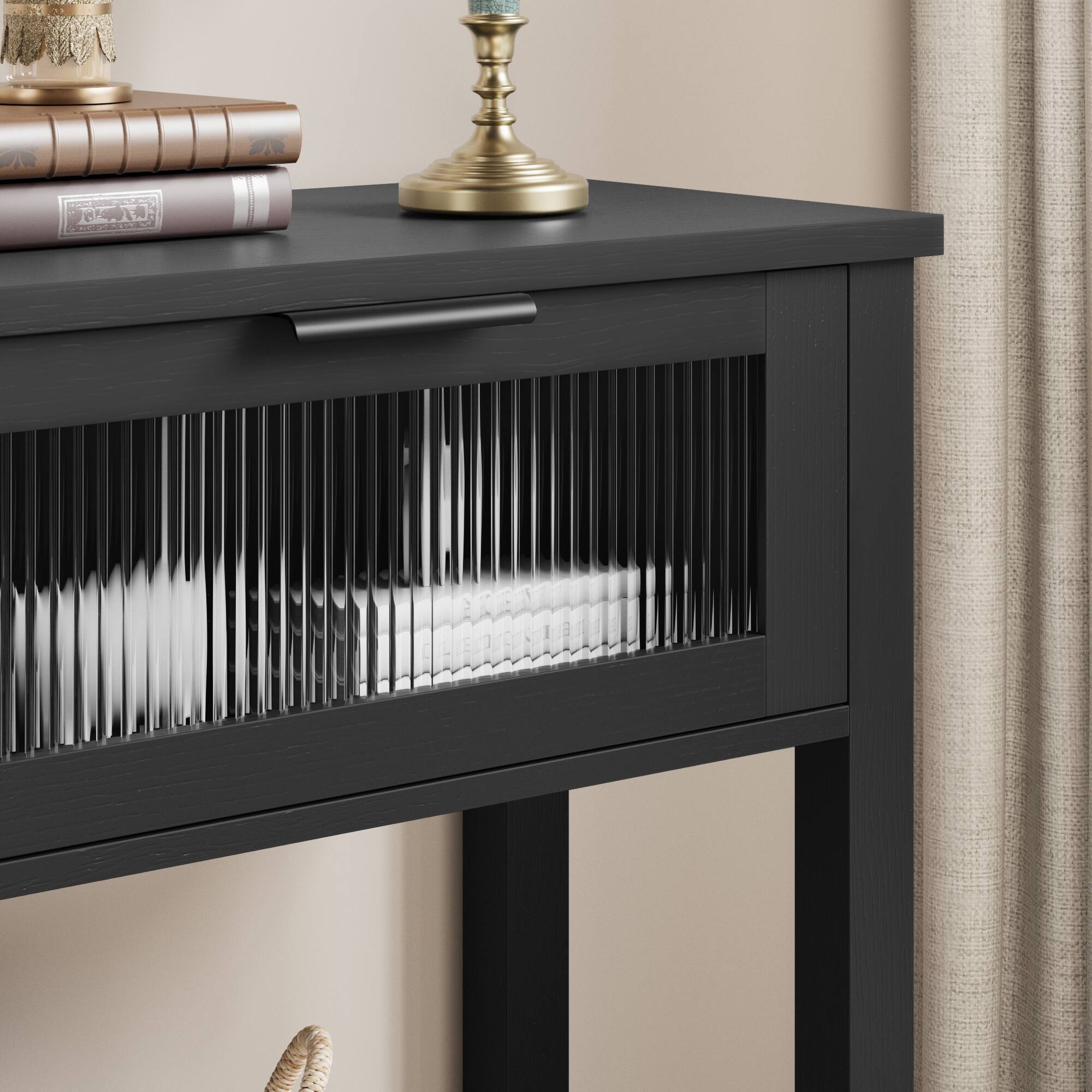 Alt View 3. Acekool - 43'' Narrow Console Table with 2 Glass Drawers, 2-Tier Sofa Table for Entryway - Black.