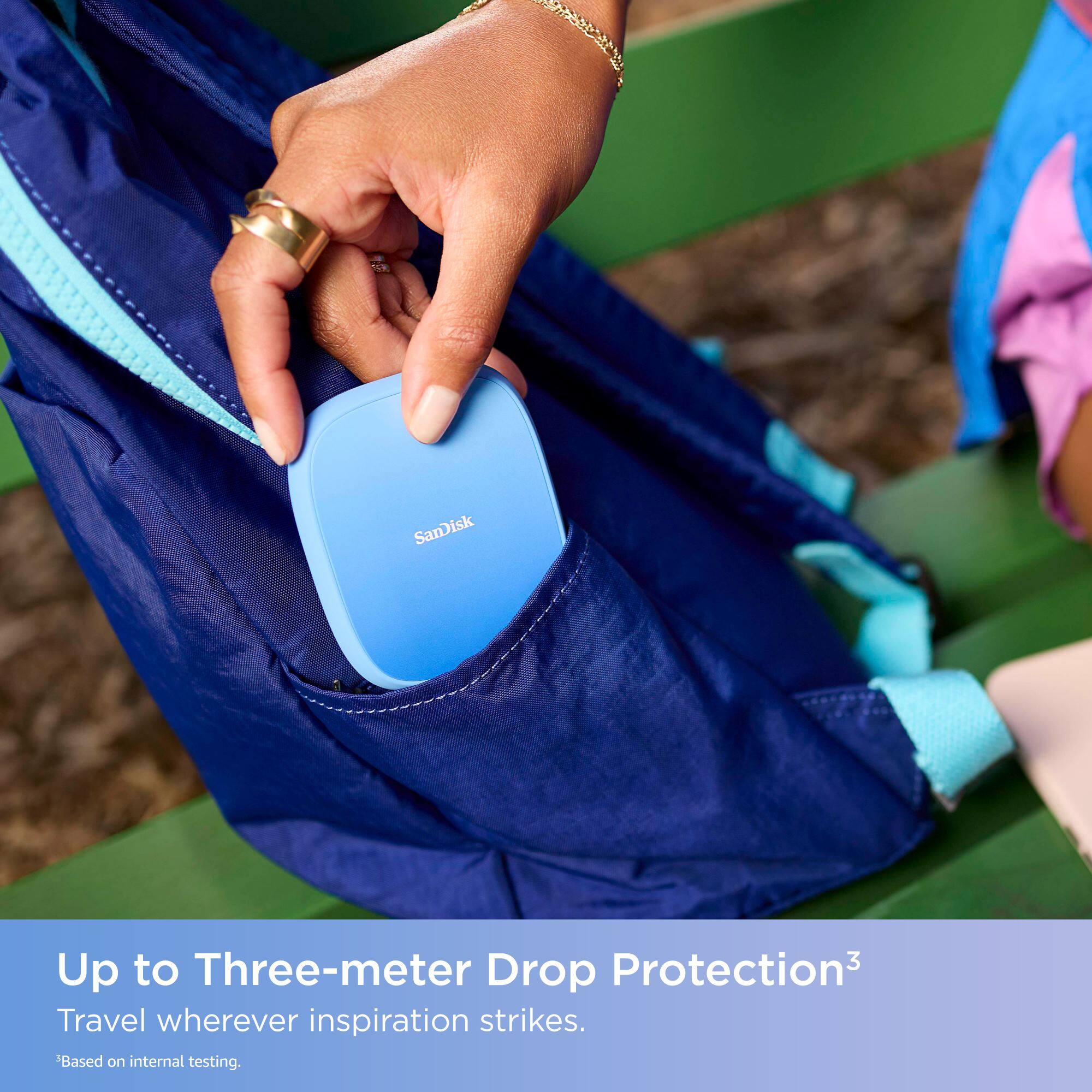 SanDisk offers up to three-meter drop protection for its products, allowing travelers to enjoy their trips without worrying about accidental drops. This feature is based on internal testing, ensuring the durability and reliability of the products.