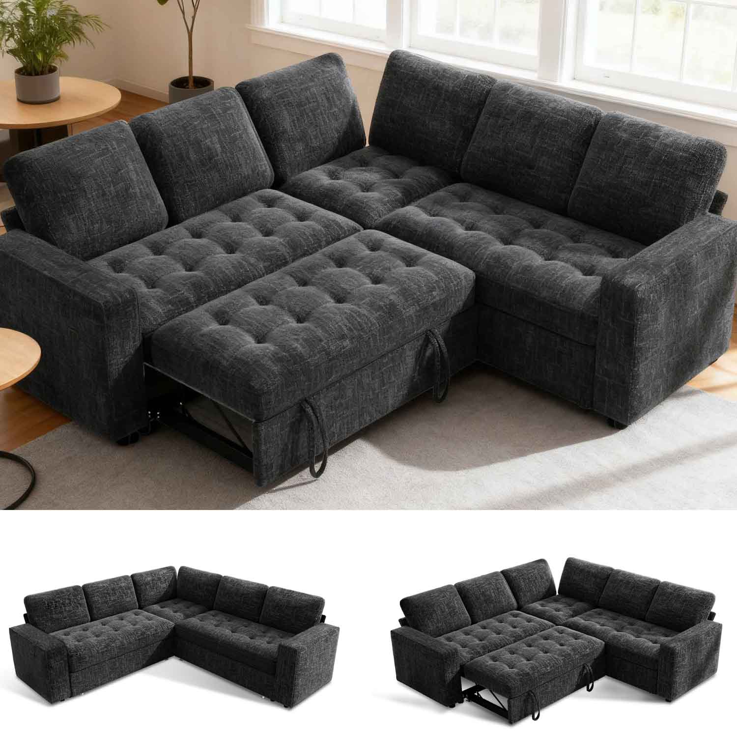 Front. Dyonery - Dyonery 5 Seat Modular Sectional Sofa with USB Ports, Adjustable Backrest, Storage Seats, Tool-Free Assembly,Black - Black.