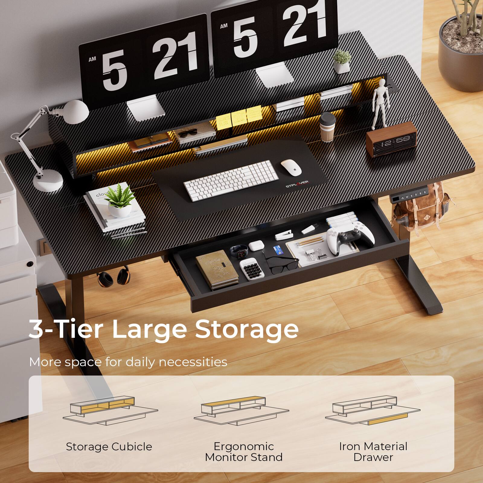 3-Tier Large Storage

More space for daily necessities

Storage Cubicle

Ergonomic Monitor Stand

Iron Material Drawer