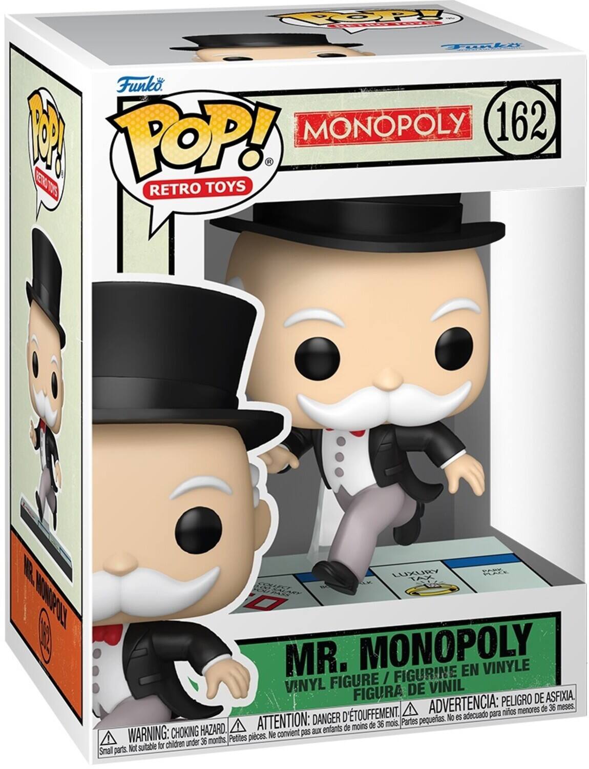Sure, here is the corrected and grouped text from the image:

---

**Funko POP! RETRO TOYS**

**MONOPOLY**

**162**

**MR. MONOPOLY**

**VINYL FIGURE / FIGURINE EN VINYLE / FIGURA DE VINIL**

**WARNING: CHOKING HAZARD. Small parts. Not suitable for children under 36 months.**

**ATTENTION: DANGER DE TOUFFEMENT. Petites pièces. Ne convient pas aux enfants de moins de 36 mois.**

**ADVERTENCIA: PEIGRO DE ASFIXIA. Partes pequeñas. No es adecuado para niños menores de 36 meses.**

---

This text is organized to reflect the information on the packaging, including the brand, product name, warning labels, and multilingual safety notices.