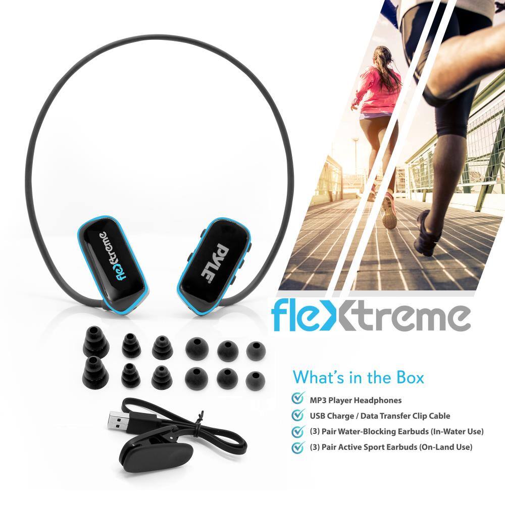 fleXtreme PYLE fleXtreme What's in the Box MP3 Player Headphones USB Charge / Data Transfer Clip Cable (3) Pair Water-Blocking Earbuds (In-Water Use) (3) Pair Active Sport Earbuds (On-Land Use)